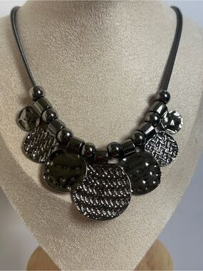 Erica Lyons Gunmetal Grey Textured Medallion Bib Collar Necklace